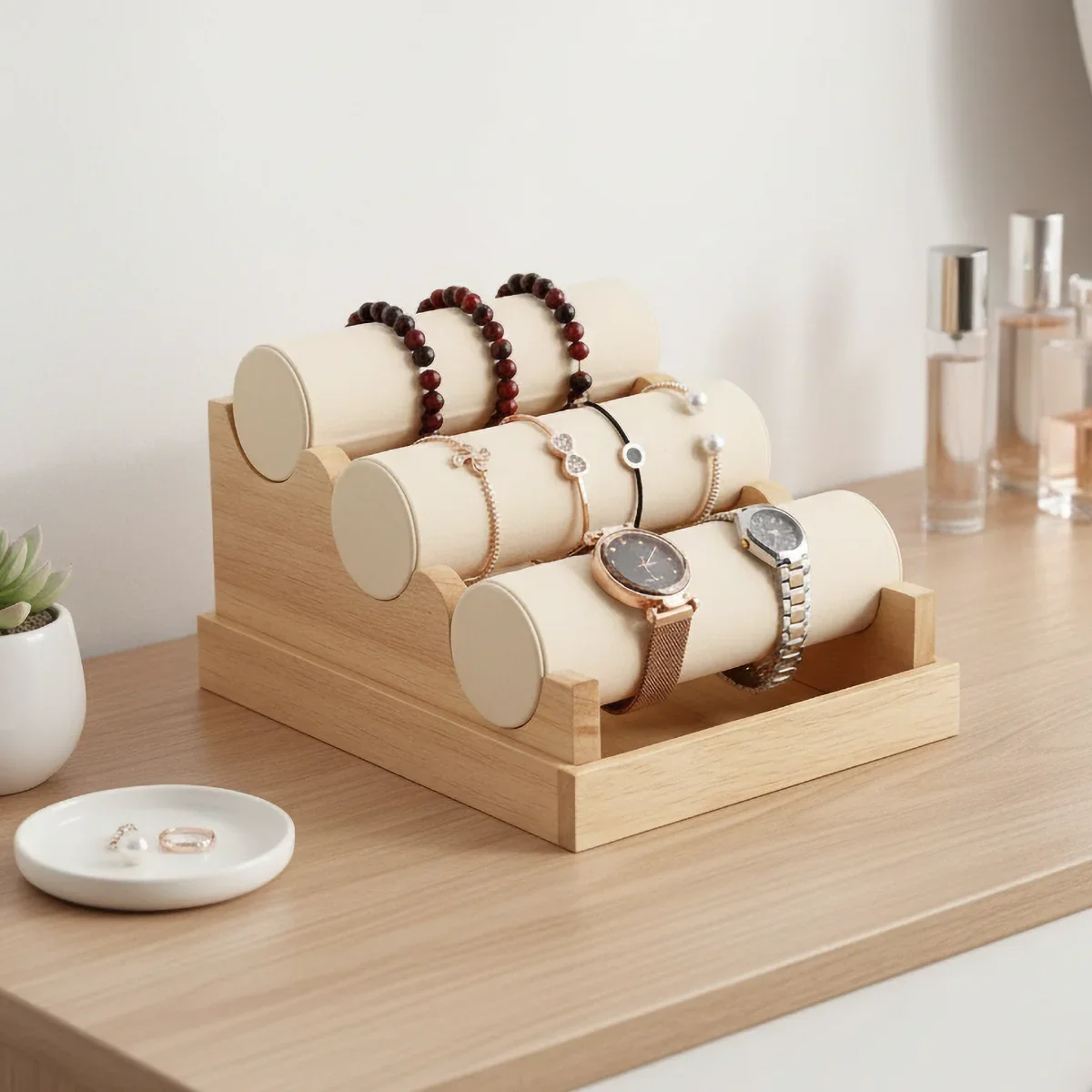 3-Tier Solid Wood Jewelry & Watch Display Stand - Soft Velvet Rolls Organizer for Bracelets/Watches