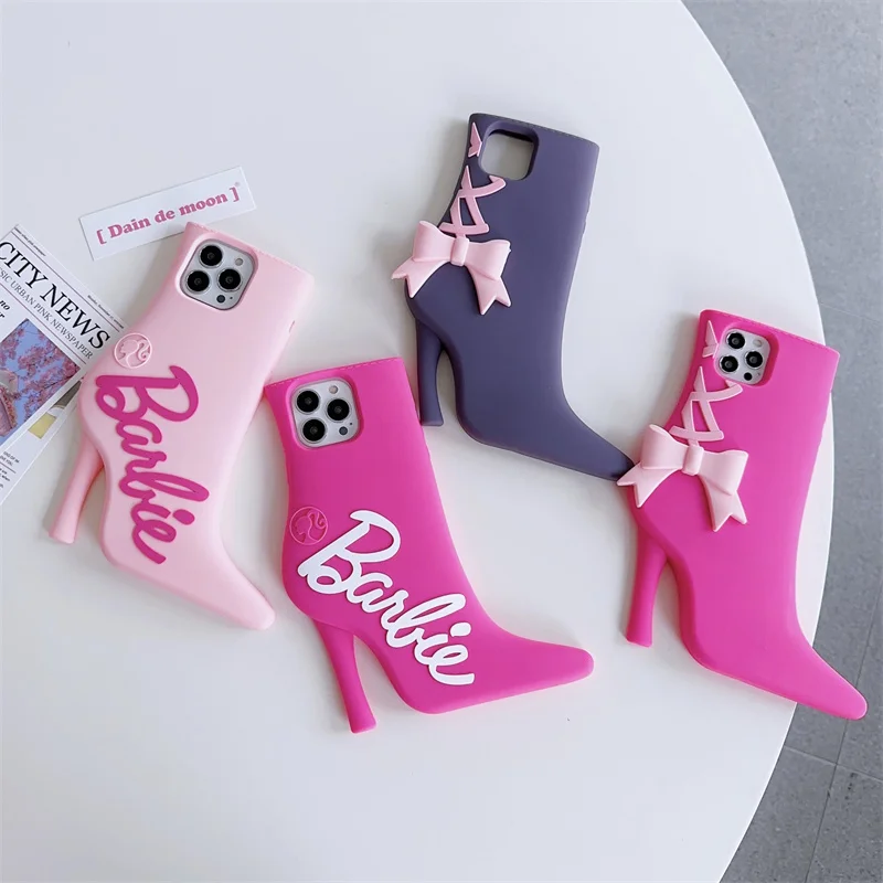 Cute Barbie Cartoon Kawaii High-heeled Shoes Phone Case For iPhone 15 14 13 12 Pro Max Protective Shockproof Soft Silicone Cover