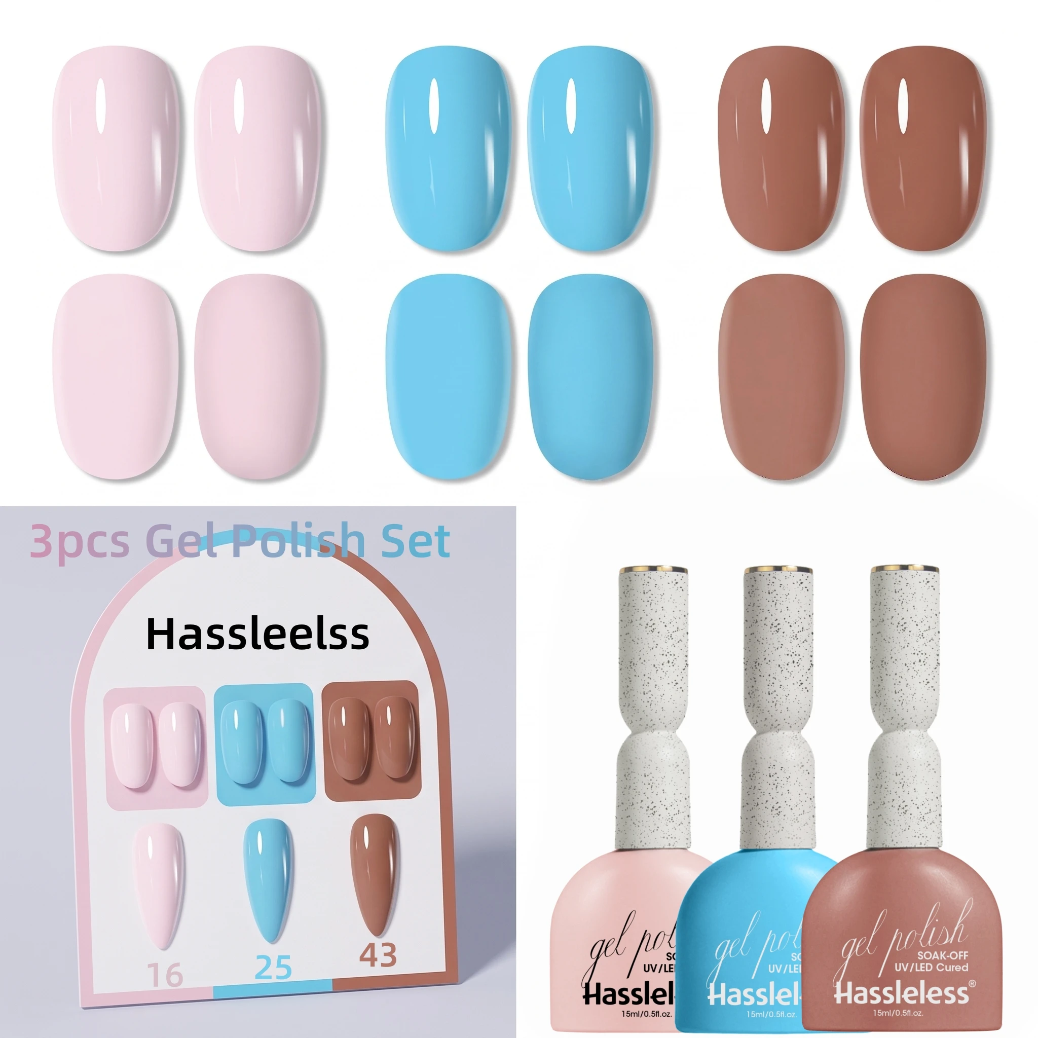 Hassleless 3Pcs Summer Vibrant Nail Gel Polish Set, Including Light Nude Pink, Clear Sky Blue, and Warm Caramel Brown, Versatile and Fashionable, for DIY Nail Design, Hand and Foot Nail Art, Great Gift, Nail Tools