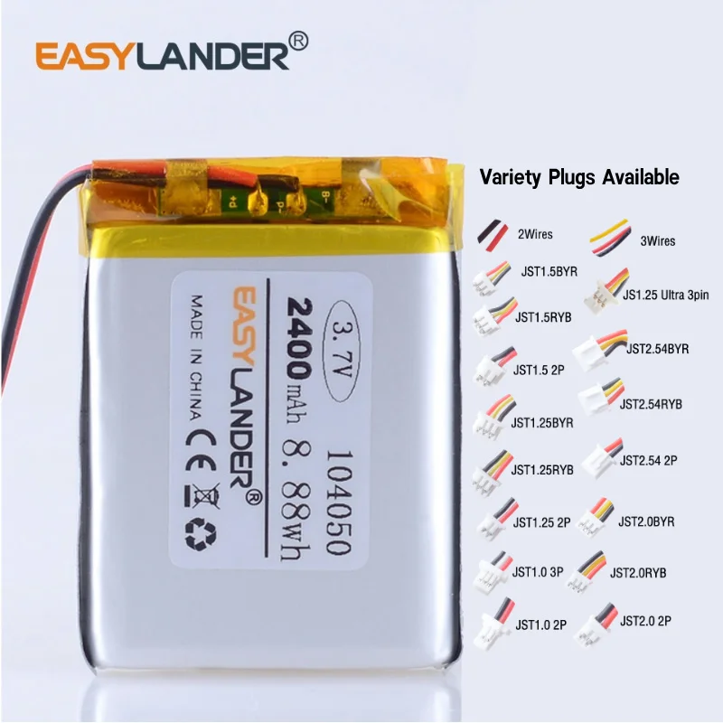 

JST2.0 2P 3.7V 2400mAh 104050 Rechargeable Lithium Li-ion Polymer Battery Lipo