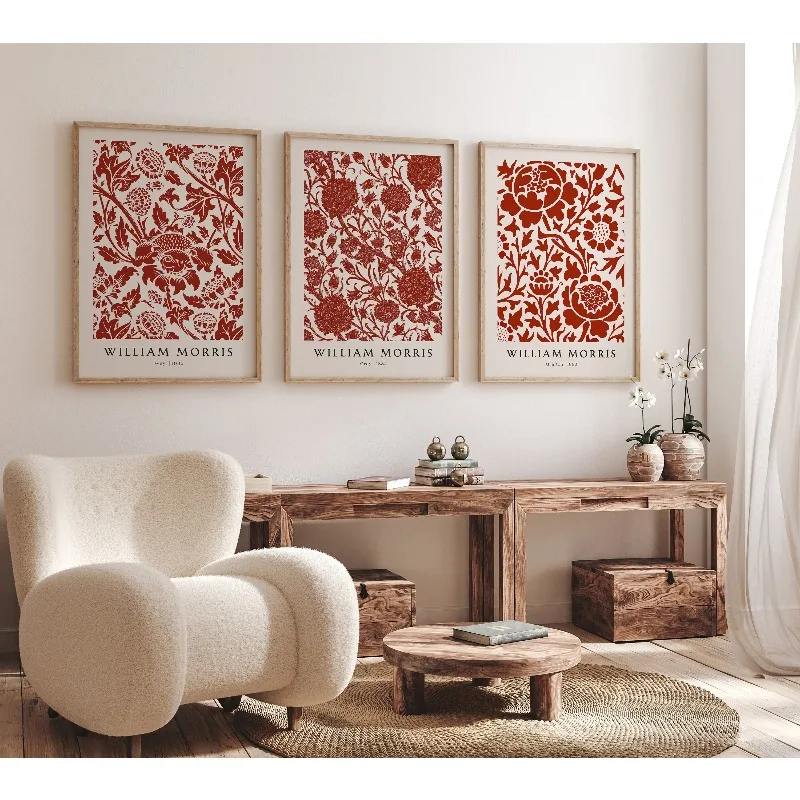 Set of 3 William Morris Prints, Botanical Wall Decor, Vintage Red Pattern Poster, Retro Canvas, Printable Decor