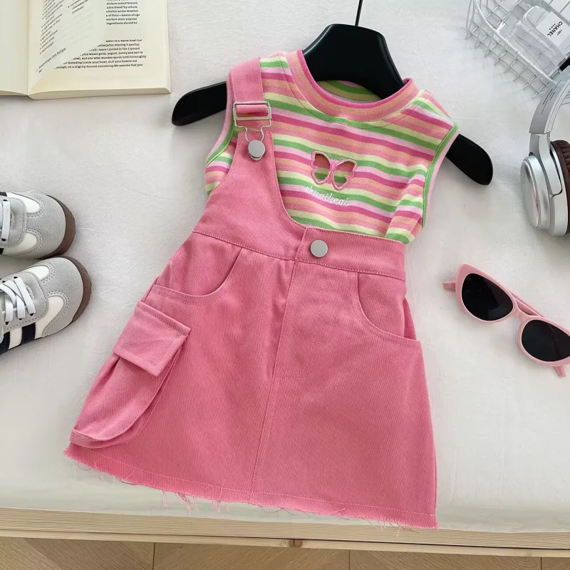 

Summer Girls' Outfit2025New StripeTSweet Princess Two-Piece Set: T-Shirt and Denim Overalls