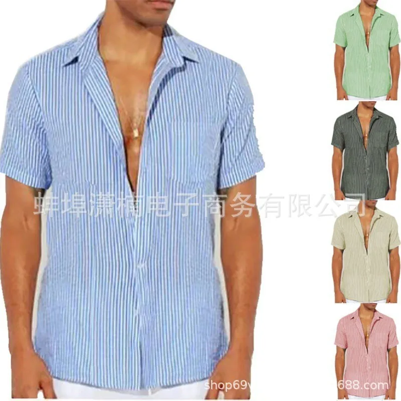 Men's Fashion Casual Men's Classic Short Sleeve Striped Shirt Top