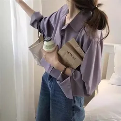 Shirts Women Solid Color Elegant Korean Leisure Long Sleeve Blouse Office Lady Spring Summer Simple Loose Female Tops Chic