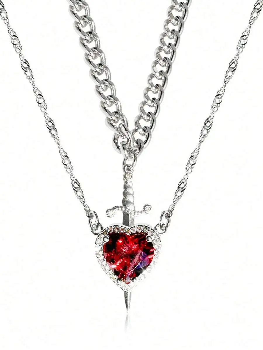 

Couple Heart And Sword Pendant Necklace Rhinestone Stainless Steel Waterproof Fade Resistant For Valentine Christmas Gift