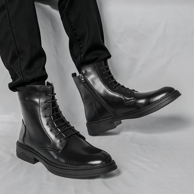 Fashion Brand Men Side Zipper Anti Slip Motorcycle Boots Autumn New Style Men Comfortable Pointed High Top Casual Leather Boots
