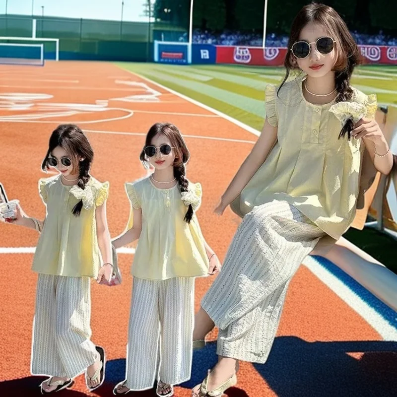 

Sweet Yellow Girls Clothes Summer Sleeveless Bow Decoration Pleated Vest+Shorts 2Pcst Color Casual Children's Set Girls Clothes