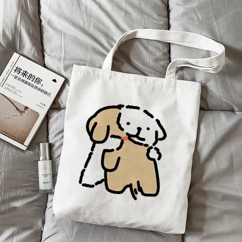 Cute Dog Cartoon Canvas Tote Handbags Kawaii Fashion High Capacity Shopping Grocery Reusable Portable School Girls Gifts