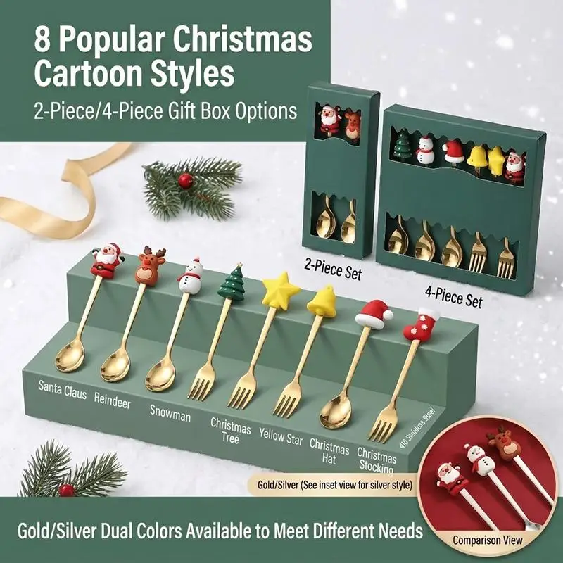 (Ce14)4Pc Stainless Steel Christmas Cutlery Spoon Fork Set Cartoon Handle Gift Box For Holiday Gifting Xmas Dinner Table Decor