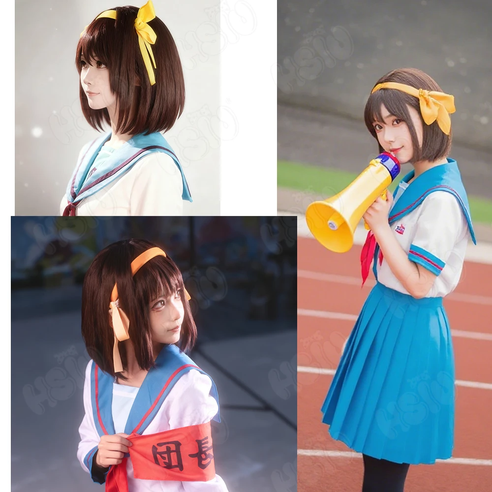 涼宮ハルヒコスプレウィッグ HSIU 35 センチメートルダークブラウンショートヘア髪耐熱ウィッグ + ウィッグキャップアニメ涼宮ハルヒコスプレウィッグ
