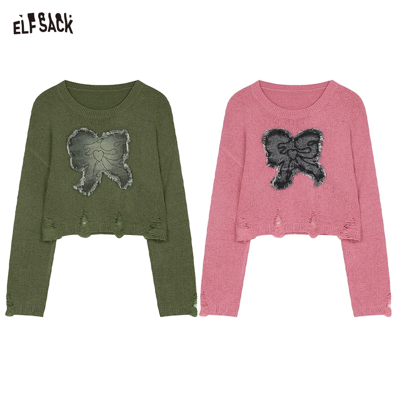 ELFSACK 2024 Autumn New Arrive Pink bow knit sweater for women, lazy style thin and slimming top