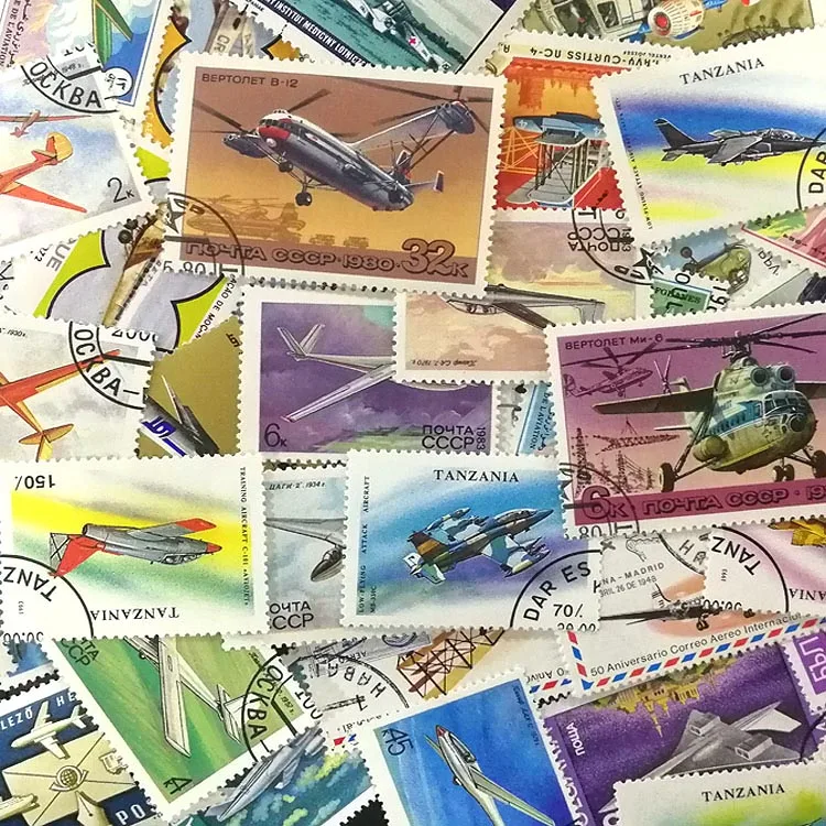 100 selos temáticos de avião diferentes, aeronaves usadas reais, helicóptero, lutador, selos postais colecionáveis, material para scrapbooking