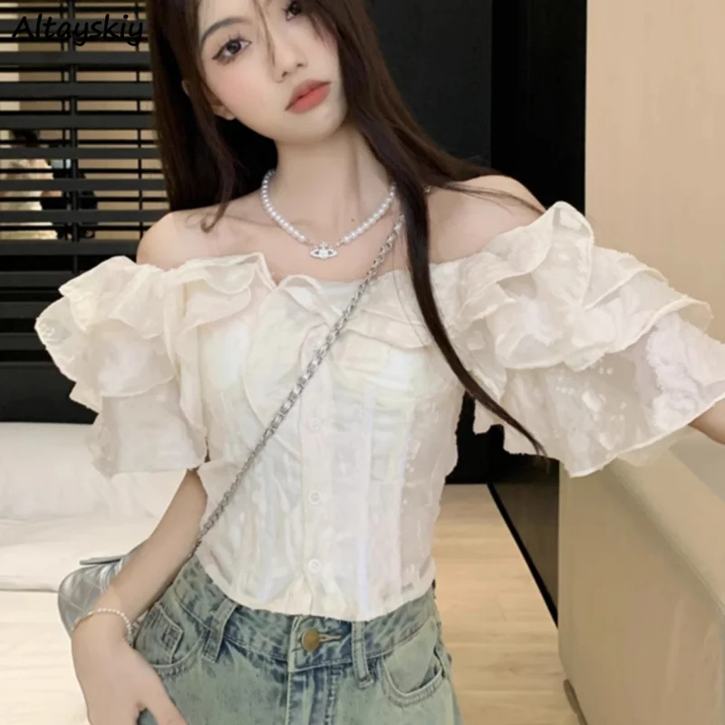 

Slash Neck Shirts Women Short-sleeve White Crop Casual Tops Design Summer Sexy Ruffles Simple Tender Slim Attractive Fashion