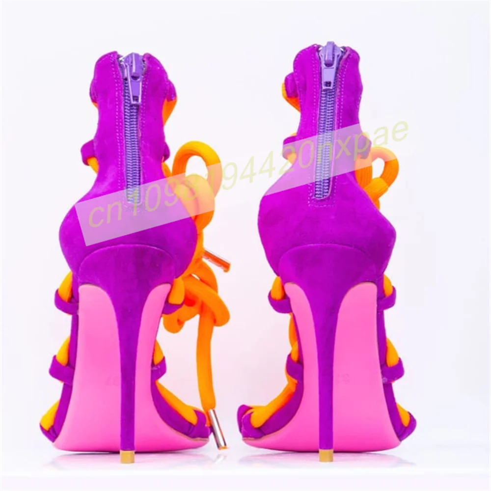 Women Purple Orange Suede Lace Up Stiletto Sandals Open Toe Rope Strap High Heel Sandals Ankle Wrap Prom Party Club Dress Shoes