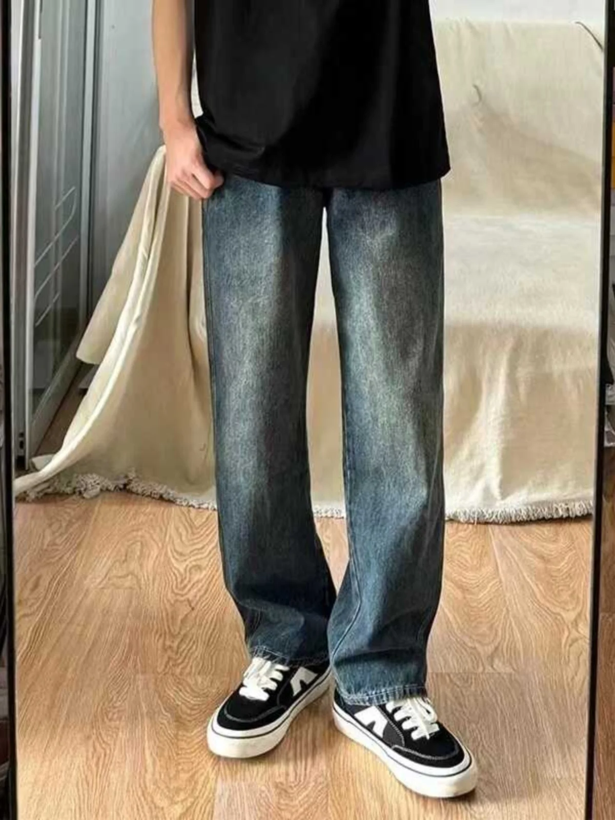 

Retro American Washed Straight Leg Jeans Men's Casual Loose Wide Leg Trendy Casual Long Pants Spring Autumn New Style