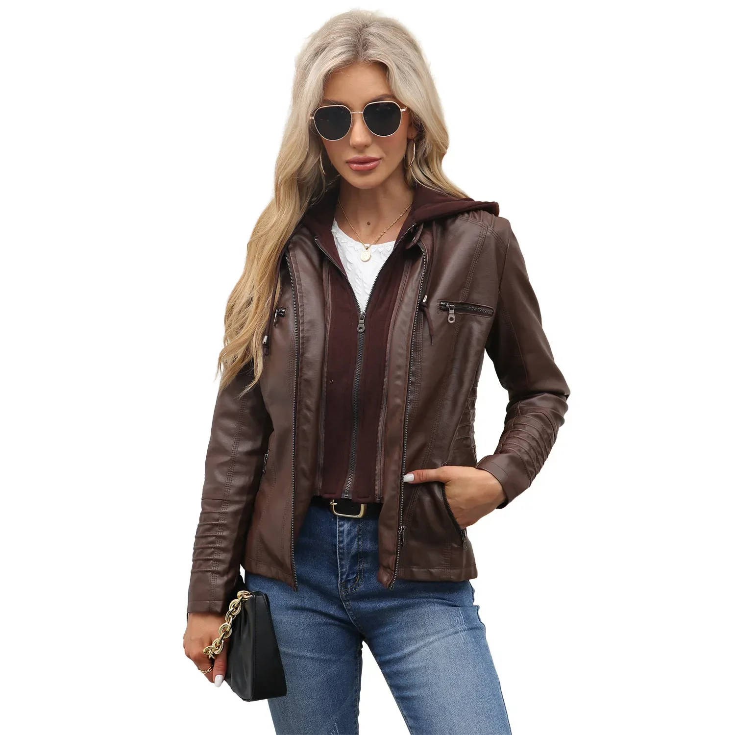 

Women's Hooded Jacket Coat Set Detachable Large Size Leather Clothes Stand Collar Full Sleeve Regular Type