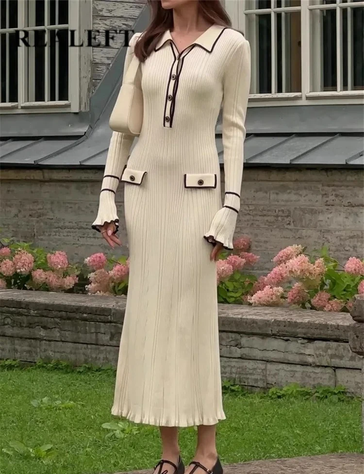 

Осенне-зимнее элегантное вязаное длинное платье с оборками, новинка 2025 года, с высокой талией и пуговицами, с отложным воротником, женские платья-свитера