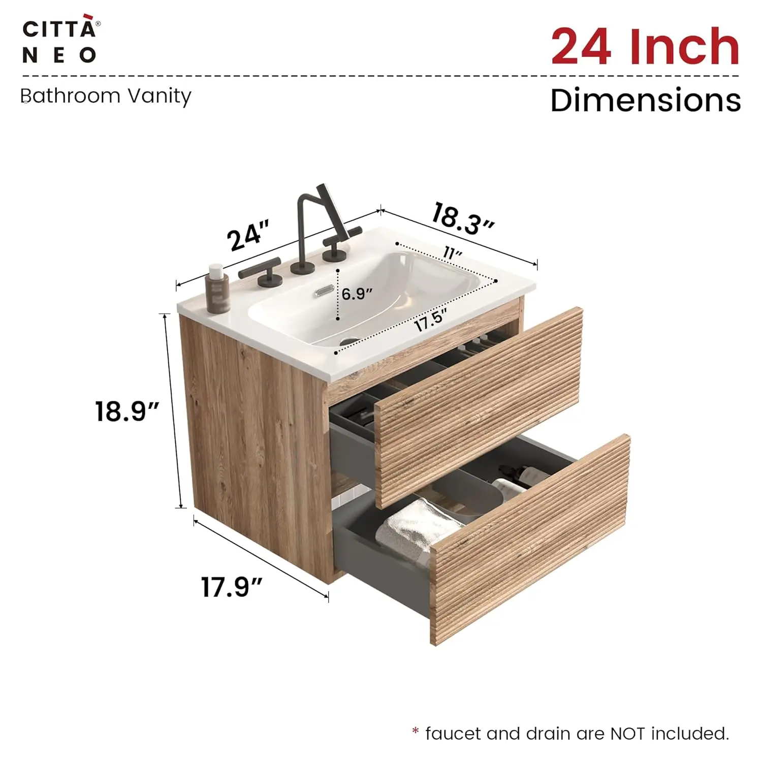 24" Wall Mounted Bathroom Vanity with Ceramic Sink Soft Close Drawers Rough Oak Small Apartment Customized - view 2