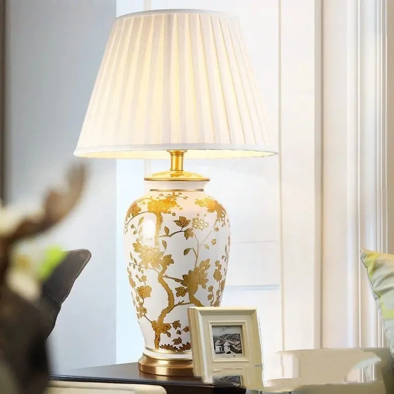 

OUFULA Ceramic Table Lamps Modern Copper Base Desk Light Contemporary Fabric Lampshade for Foyer Living Bed Room Decor