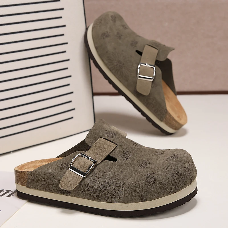 Luxury Buckle Clogs For Women Men New Genuine Suede Leather Slides with Arch Support Soft Cork Footbed Mules Thick Spring Autumn