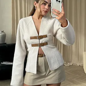 TRAFZA-المرأة الرجعية جلد جاكيت مع مشبك أحادية اللون البيج جاكيت كم طويل على شكل V رقبة أنيقة أناقة الشارع المرأة موضة الخريف الربيع أفضل 5 معطف نسائي للمبيعات - رقم 6