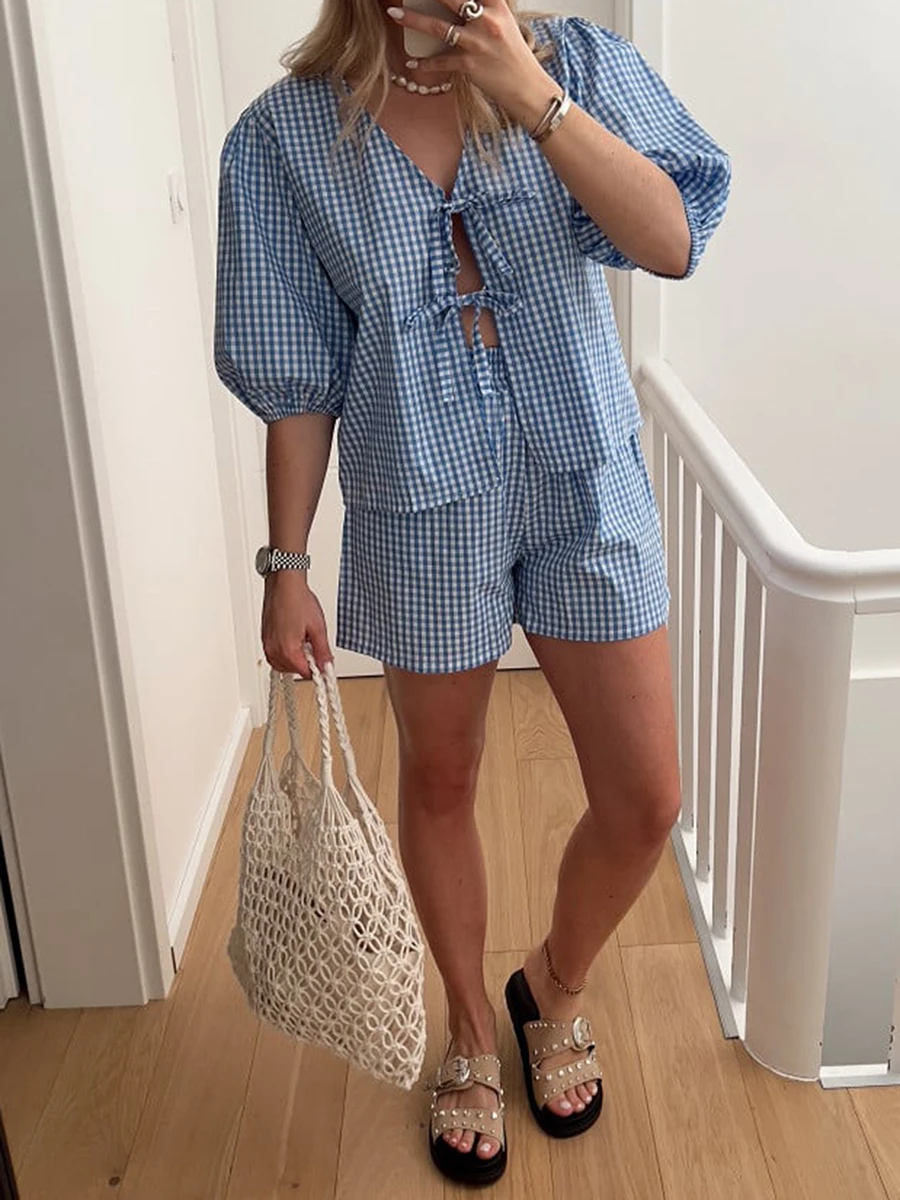 Women Y2k Gingham Print Shirt Shorts Set Two Piece Lounge Set Pajamas Sets Puff Sleeve Bow Tie Front Top 2pcs Outfits Set