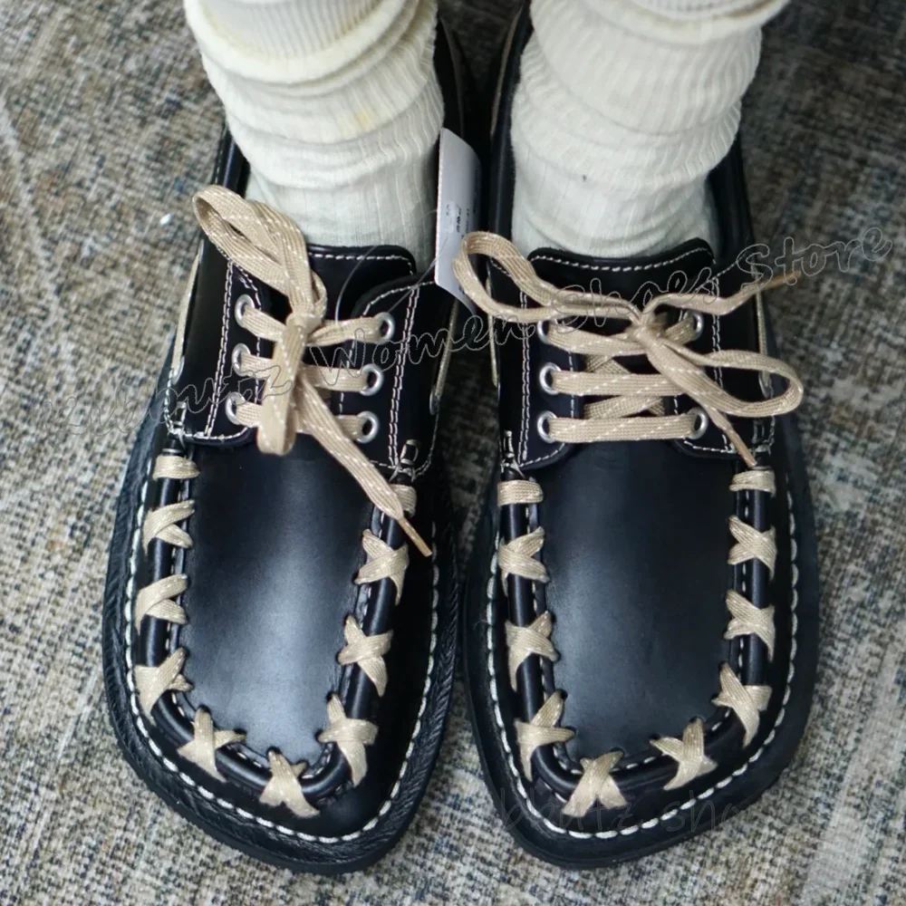 

Lace-Up Pumps Leather Fashion Luxury Elegant Concise Novelty Cross Strap Sexy Women Shoes New Square Toe Flat with Solid Color