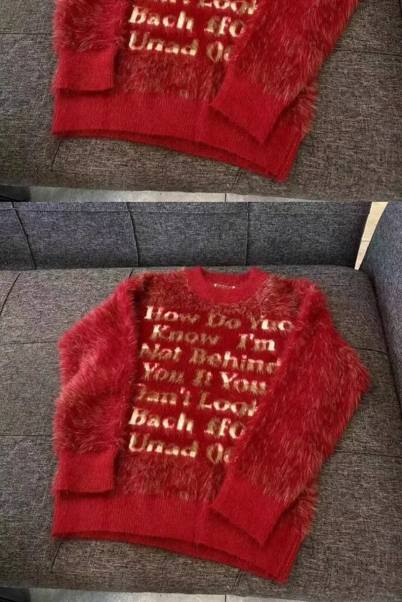 Winter Imitation Mink Velvet American Vintage Letter Jacquard Crewneck Sweater Men's Lazy Fashion Brand Loose Knit Jacket