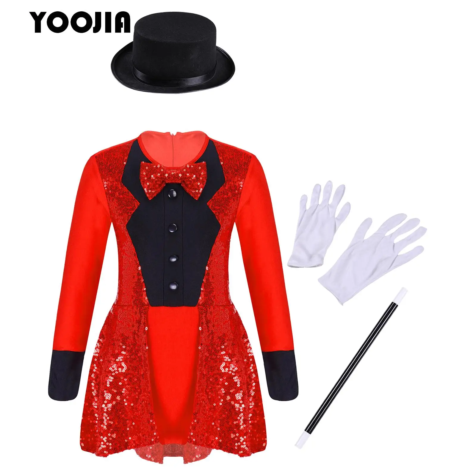 

Kids Girls Magician Performance Costume Set Long Sleeves Bow Tie Tuxedo Sequin Leotard +Hat Magic Wand Gloves Halloween Dress Up