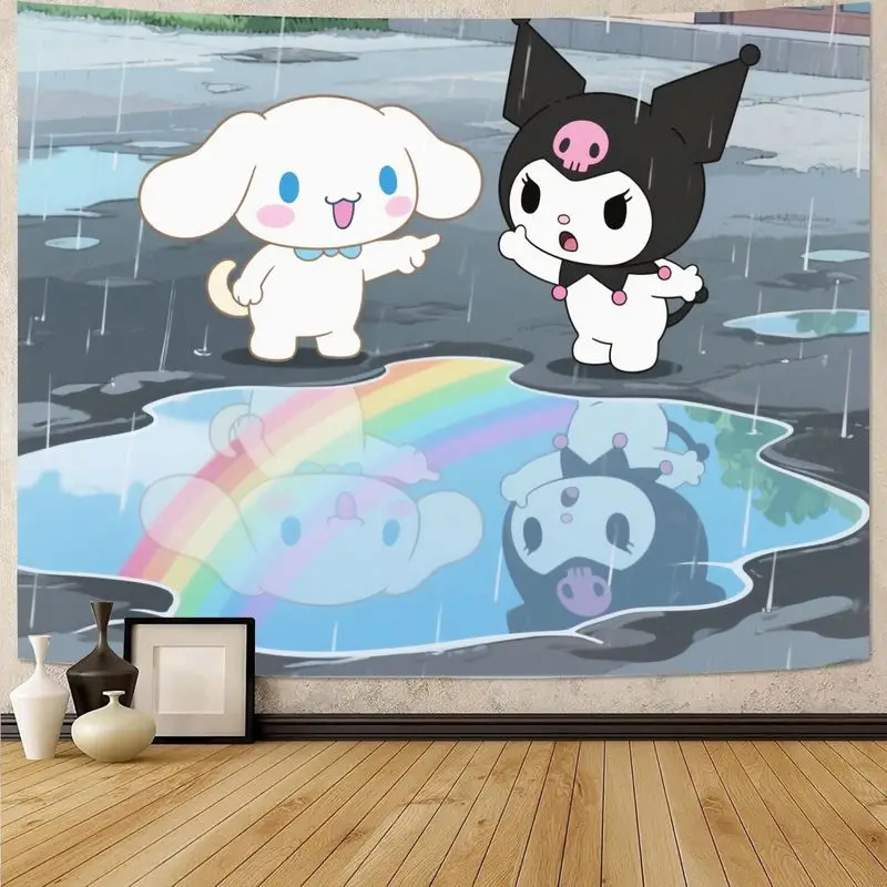 

1PC Sanrio Cinnamoroll Kuromi Kawaii Tapestry, Cute Rain Puddle Rainbow Reflection Wall Art, Polyester Room Decor Gift for Fans