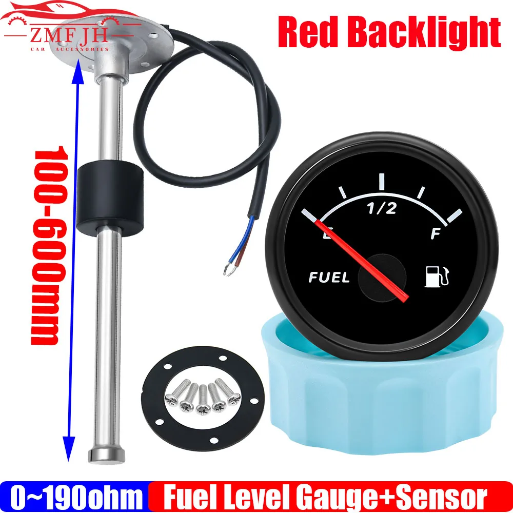 52MM Fuel Level Gauge With 0-190 Ohm Fuel Level Sensor 100-500mm Fit Car Boat Marine Yacht Red LED Fuel Level Indicator 9-32V