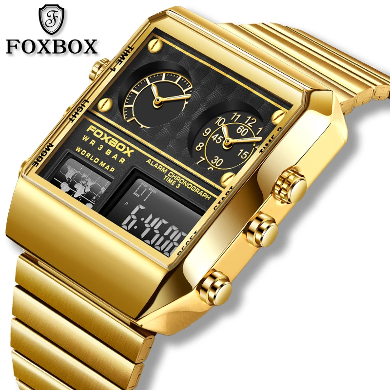 FOXBOX New Fashion Watches Men LIGE Brand Luxury Square Mens Watch Dual Display Waterproof Quartz Wristwatches Male Reloj Hombre