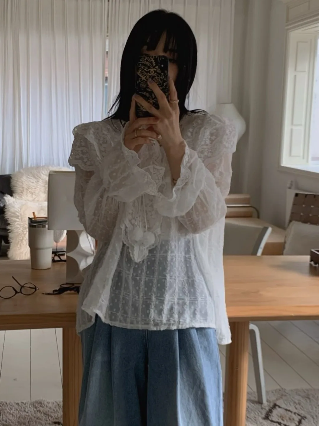 

Ele Lace Embroidery V-Ne Loose Women's irt Beautiful Flounce Sve Super Good Looking Top Korean Sle Long Sve