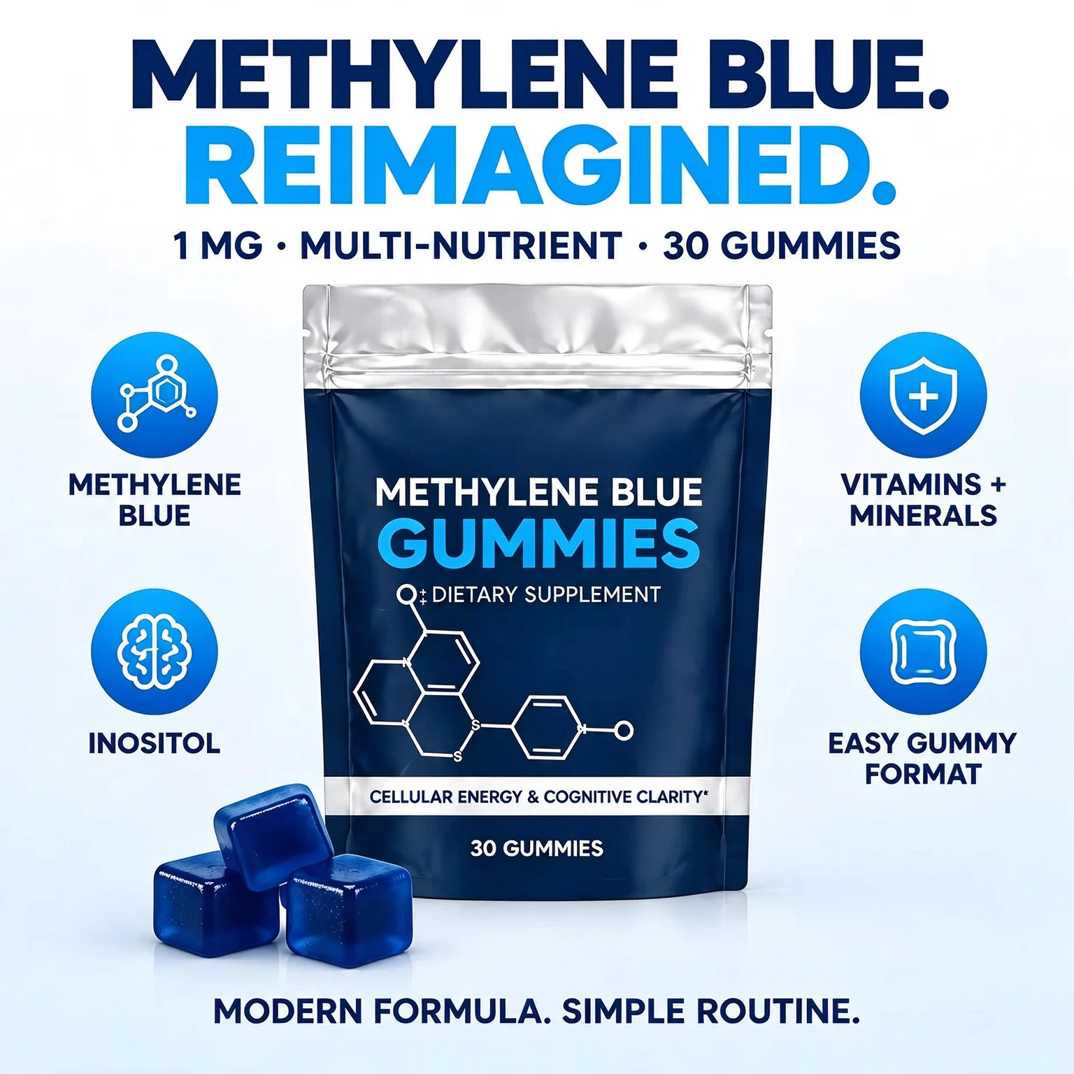 Methylene Blue Chewable Gummies Cellular Energy Cognitive Clarity Inositol Multi Nutrient Dietary Supplement 30 Gummies
