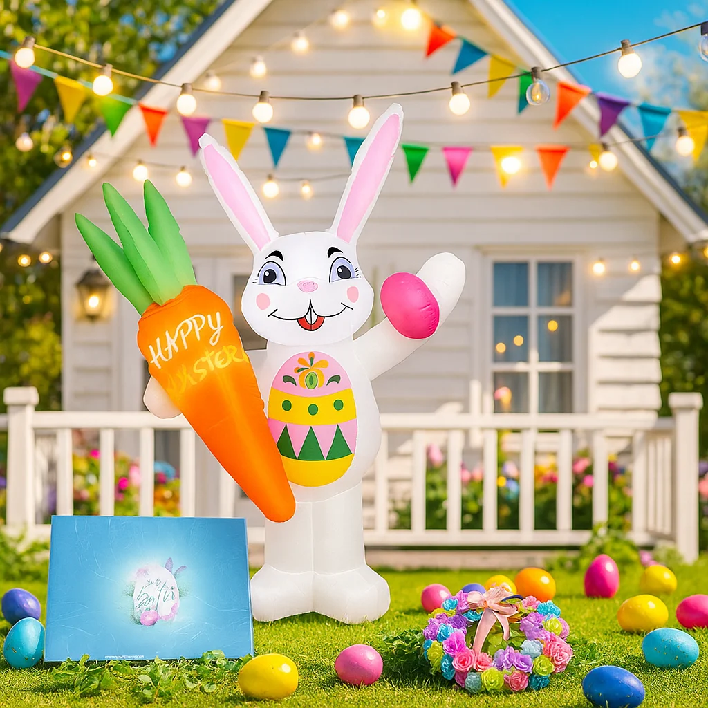 6FT Happy Easter Luchtgeblazen Opblaasbaar Konijn Wortel Decor Ingebouwde LED-verlichting Feestelijke Tuin Paasvakantie Decoraties Ornament