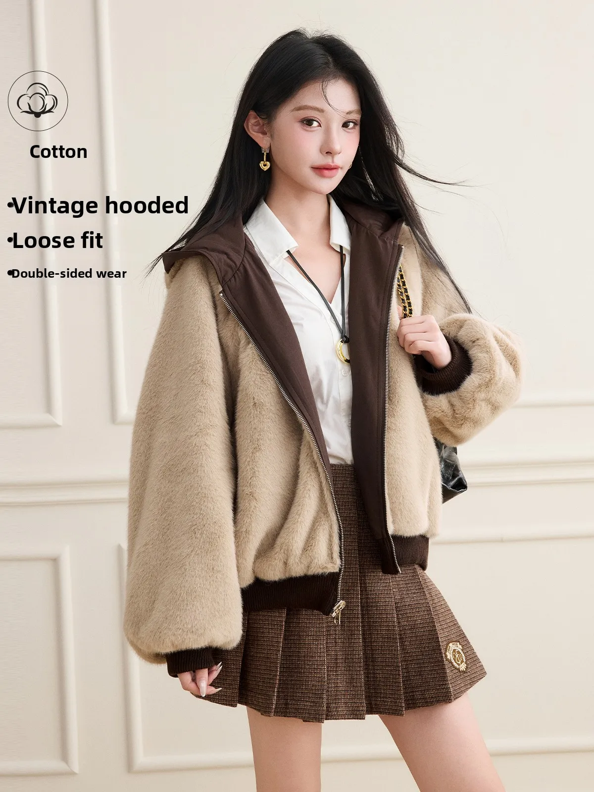 

Fur-Like Double-Sided Hat Coat Thi Warm Women's Winter Outerwear Cotton Long Sve Zipper Closure Commute Sle