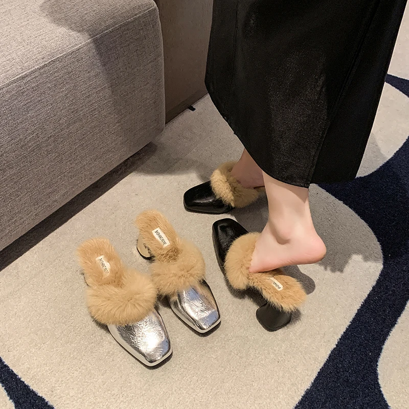 Women Slippers Pointed Toe Elegant Mules Slippers Autumn Furry High Heels Shoes Women Office Work Slides Women Zapatos De Mujer image 4