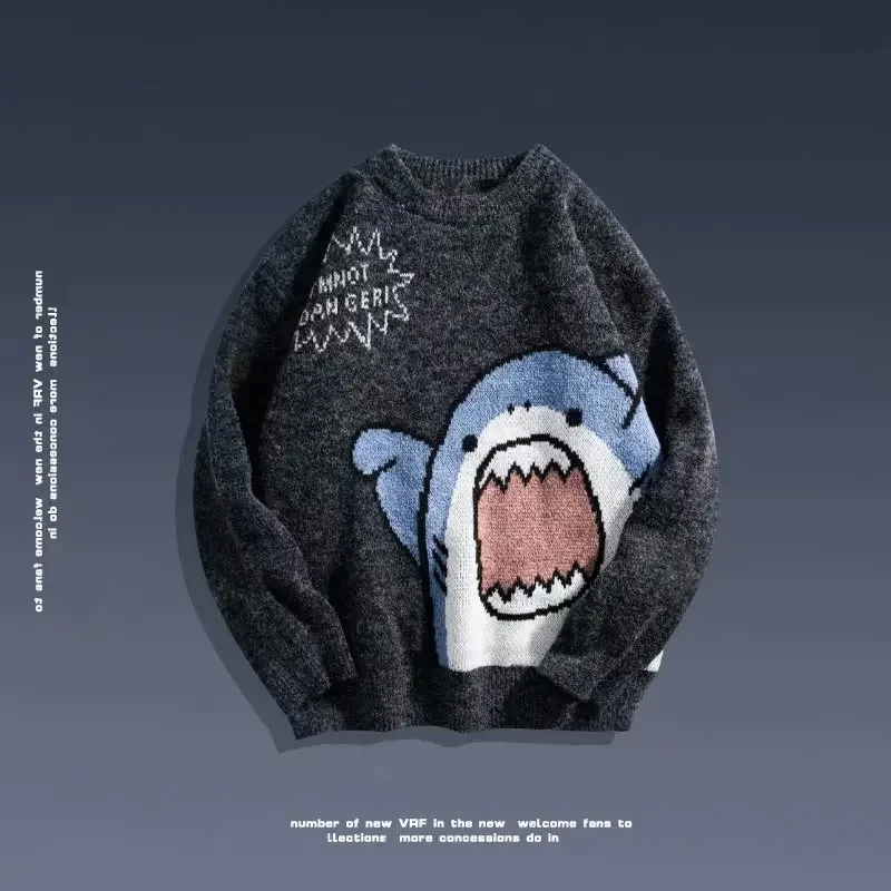 Autumn/winter Japanese Cartoon Shark Round Neck Couple Sweater Men's Trendy Brand Loose-fit Korean Knitted Top Hong Kong Style