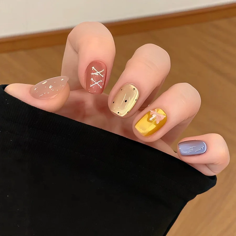 24 Uñas Postizas Cortas con Diseño de Ojo de Gato y Puntos, Coloridas, de Cobertura Completa, con Líneas de Lazo, Uñas Falsas Cuadradas, Sets Dopamina