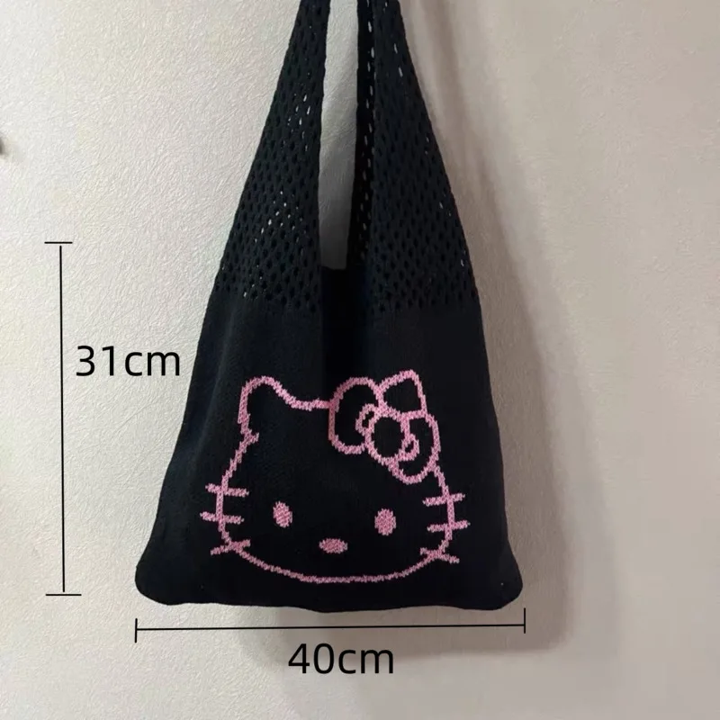 Miniso Sanrio Hellokitty Gebreide Zwarte Handtassen Cartoon Bedrukt Mesh Schattige Schoudertassen Casual Hoge Capaciteit Draagtassen Voor Vrouwen