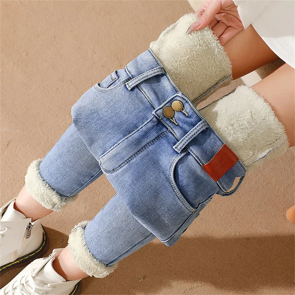 2024 Winter Warm Women\'s Winter Jeans High Waist Skinny Pants Fleece Velvet Elastic Jeggings Casual Straight Jean Woman