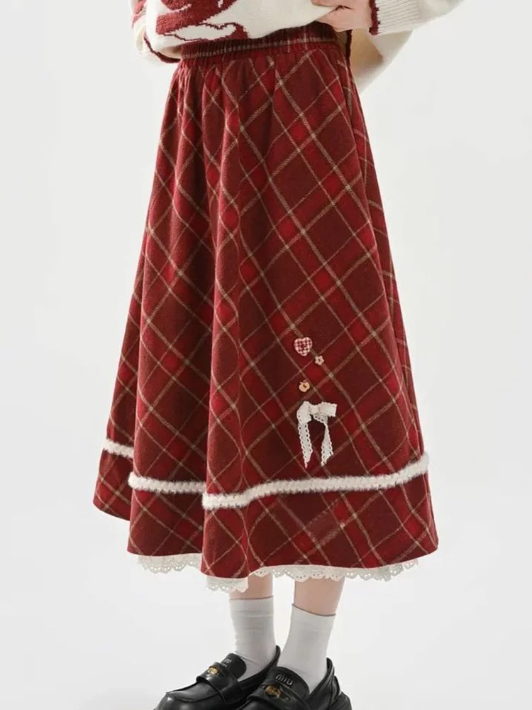 Sweet Red Plaid Long Skirt Women Vintage Faux Woolen Bow Cute Skirts Lace Patchwork High Waist Korean Elegant Warm Long Skirts