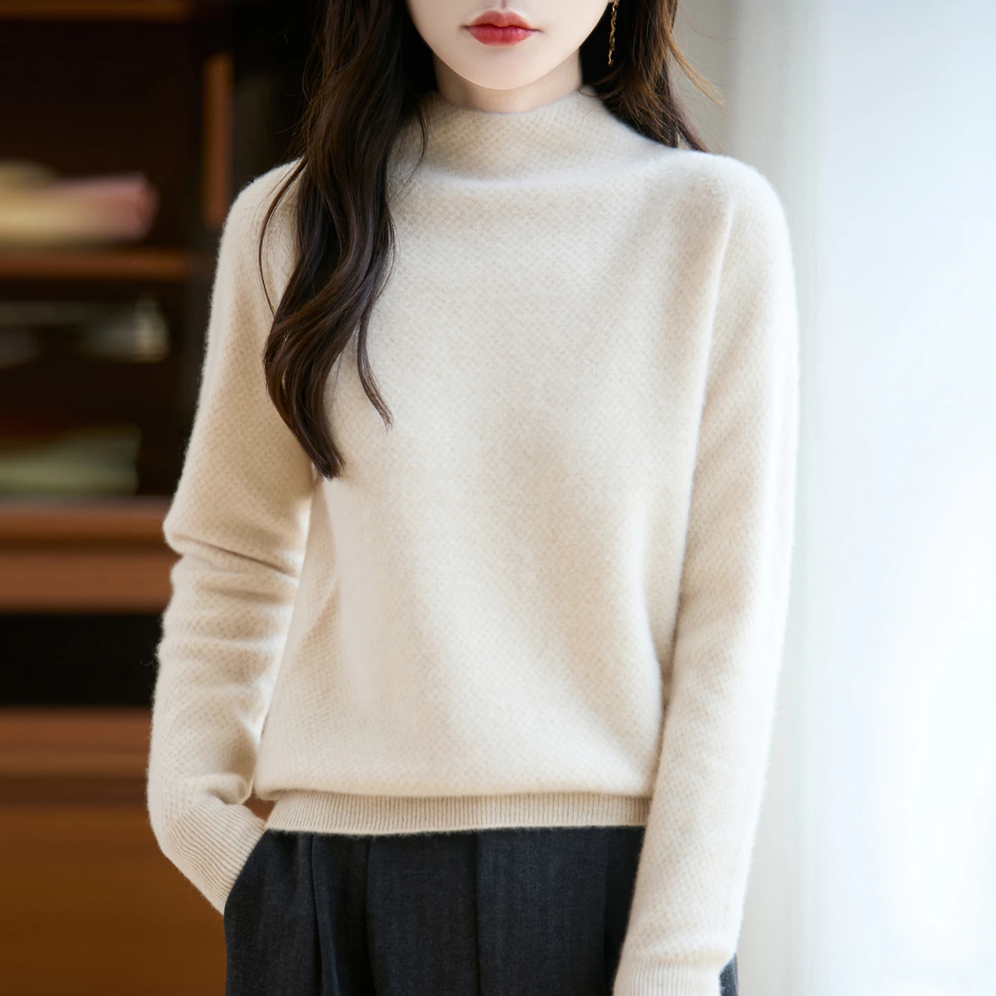 Women 100% Merino Wool Sweater One Line Seamless Mock-Neck Pullover Autumn Winter Honeycomb Jacquard Knitwear Raglan Sleeve Tops