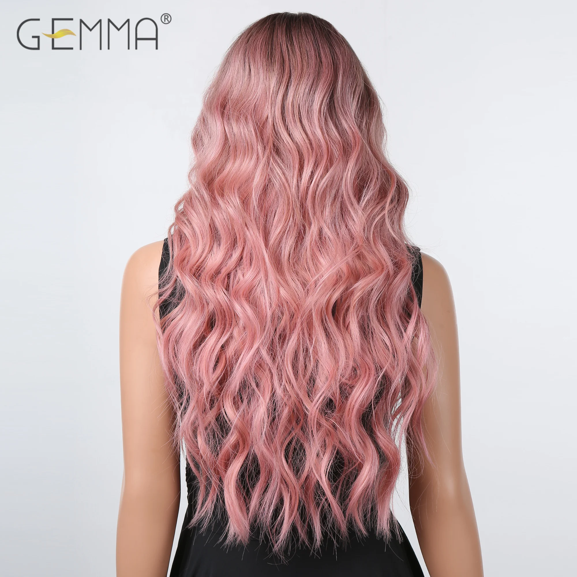 Synthetic Long Pink Wavy Wig with Bangs Curly Wave Natural Hair Dark Roots Wigs for Women Cosplay Party Lolita Heat Resistant