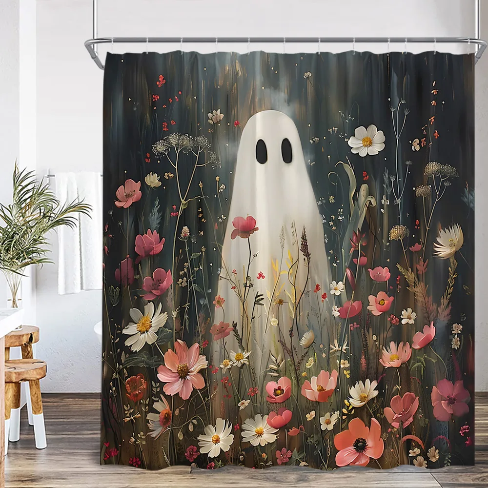 

White Ghost Halloween Spectre Shower Curtain Pumpkin Lanten Spooky Happy Halloween Bathroom Decor Polyester Fabric Bath Curtain