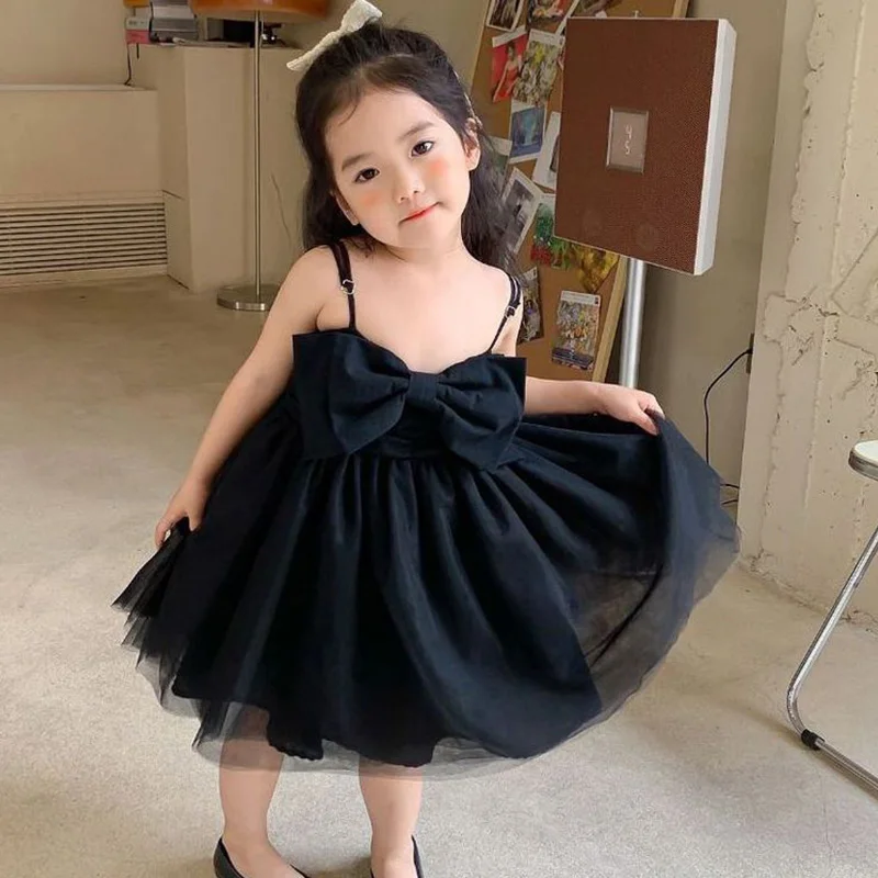 Beach Summer Clothing for Girls Patchwork Big Bow Solid Color Sleeveless Kids Fashion Lace Mesh Slip Midi Princess Dresses