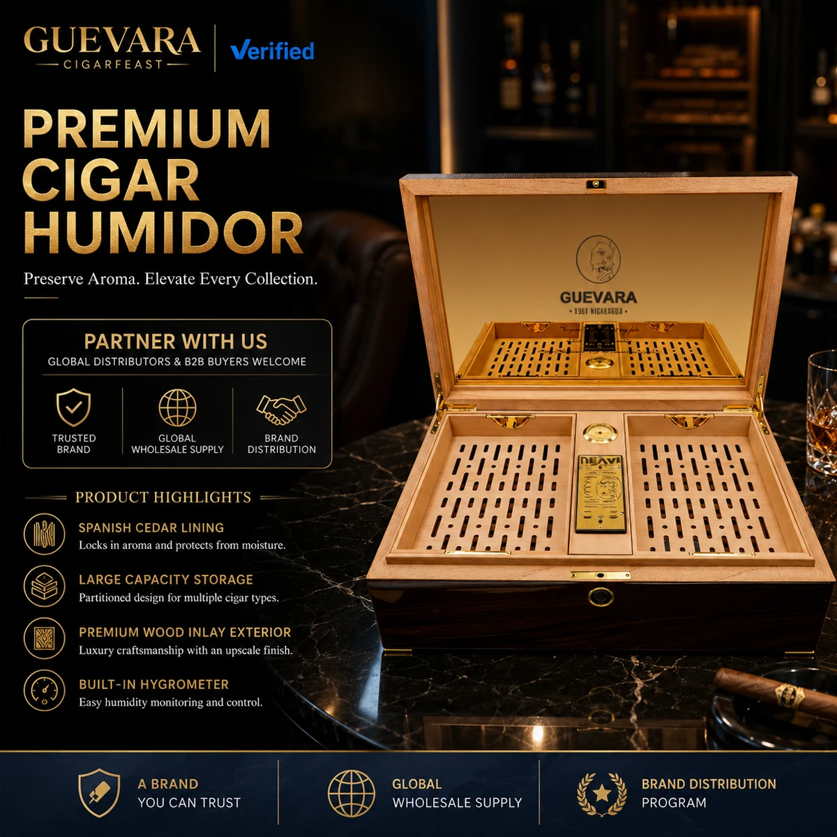 Luxury Large Capacity Handmade Cigar Humidor Box, Spanish Cedar Wood Desktop Storage Case With Hygrometer & Humidifier