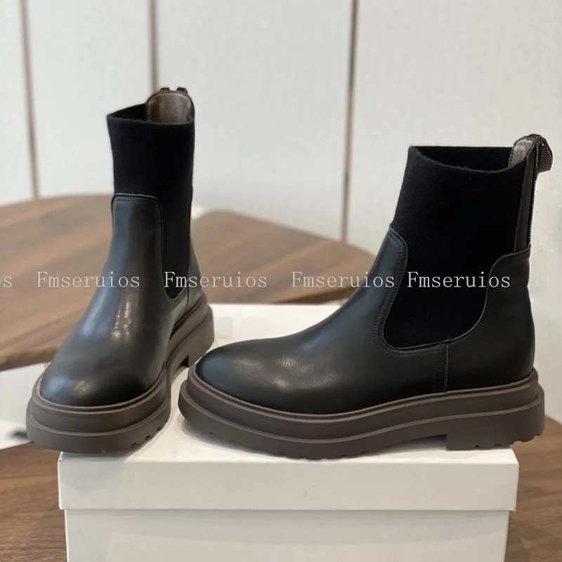 2025 تصميم بسيط للنساء أحذية بوت قصيرة جولة تو نعل مسطح جلد طبيعي جودة عالية بلون النمط البريطاني تشيلسي الأحذية