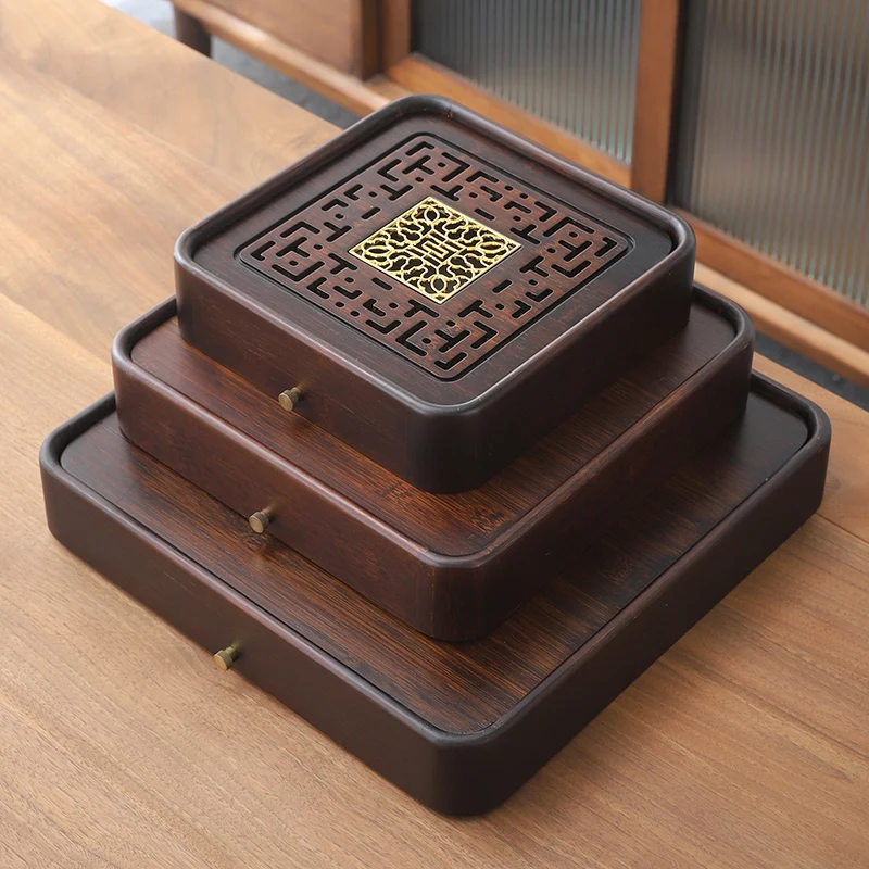 

Square Bamboo Tea Tray for Household Drainage Simple Wooden Tea Plate Set Storage with Drainage Pipe