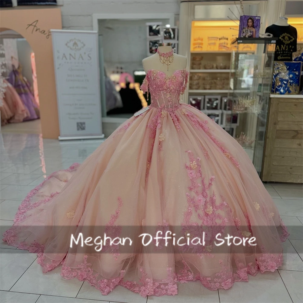 

Pink Off Shoulder Bow Quinceanera Dresses Ball Gown Bead Appliques 2025 Birthday Luxury Dress 3D Flower Princess Gown Customized
